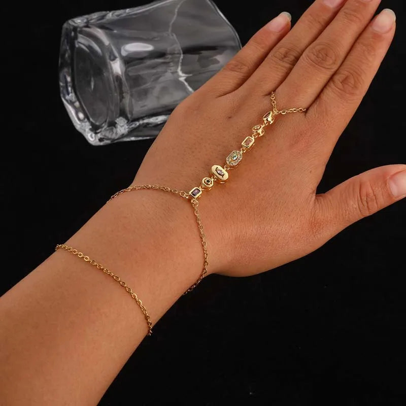 Colorful Crystal Hand Chain Bracelet in Gold Tone Stainless Steel