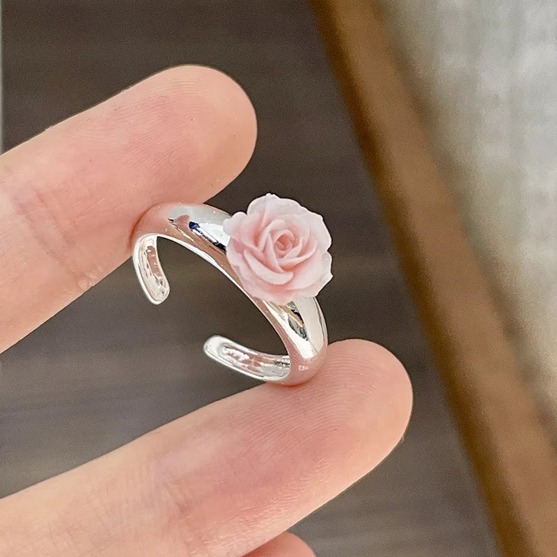 Pearl Rose Ring, 3D Pink Flower Statement Ring