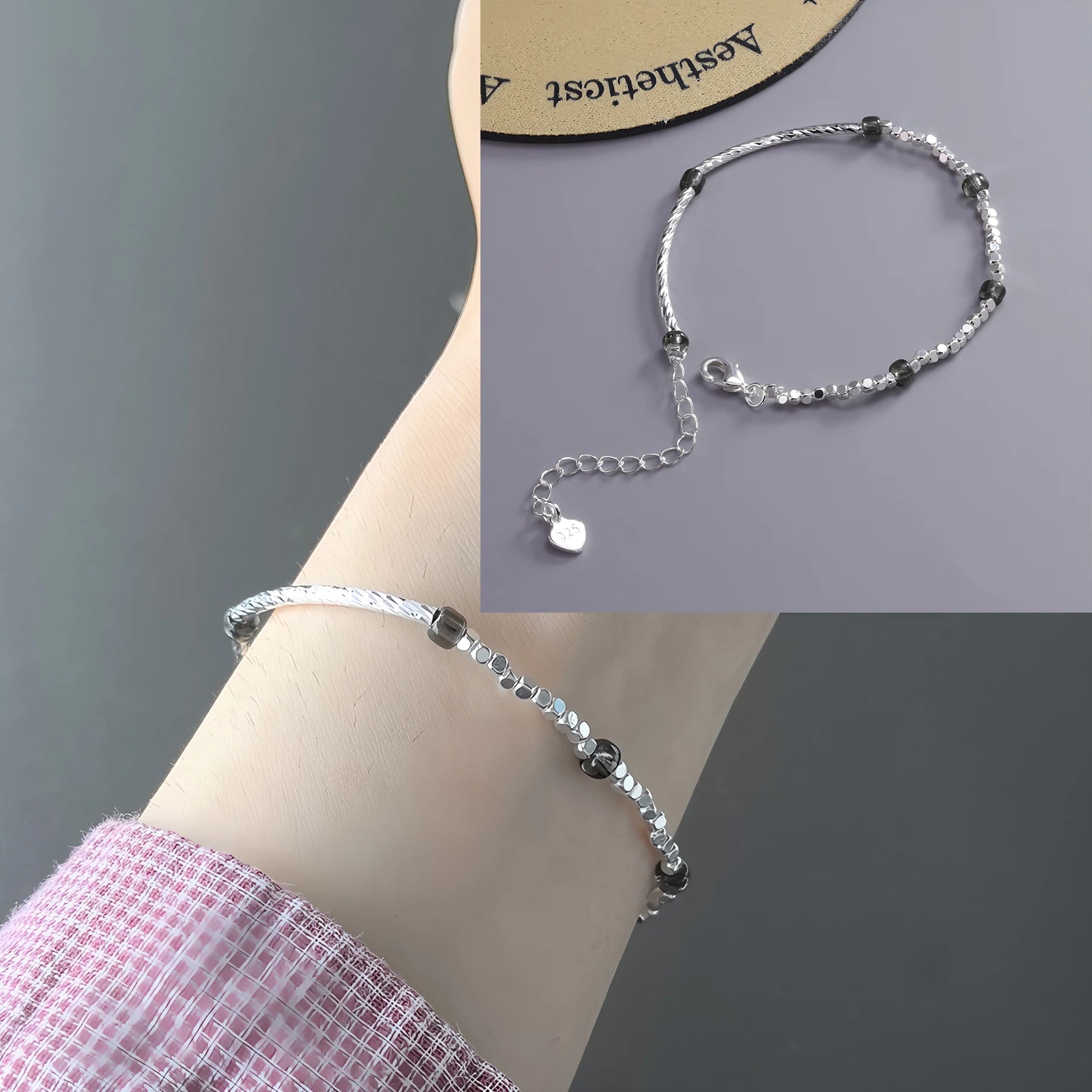 925 Sterling Silver Heart Bracelet with Zircon Beads