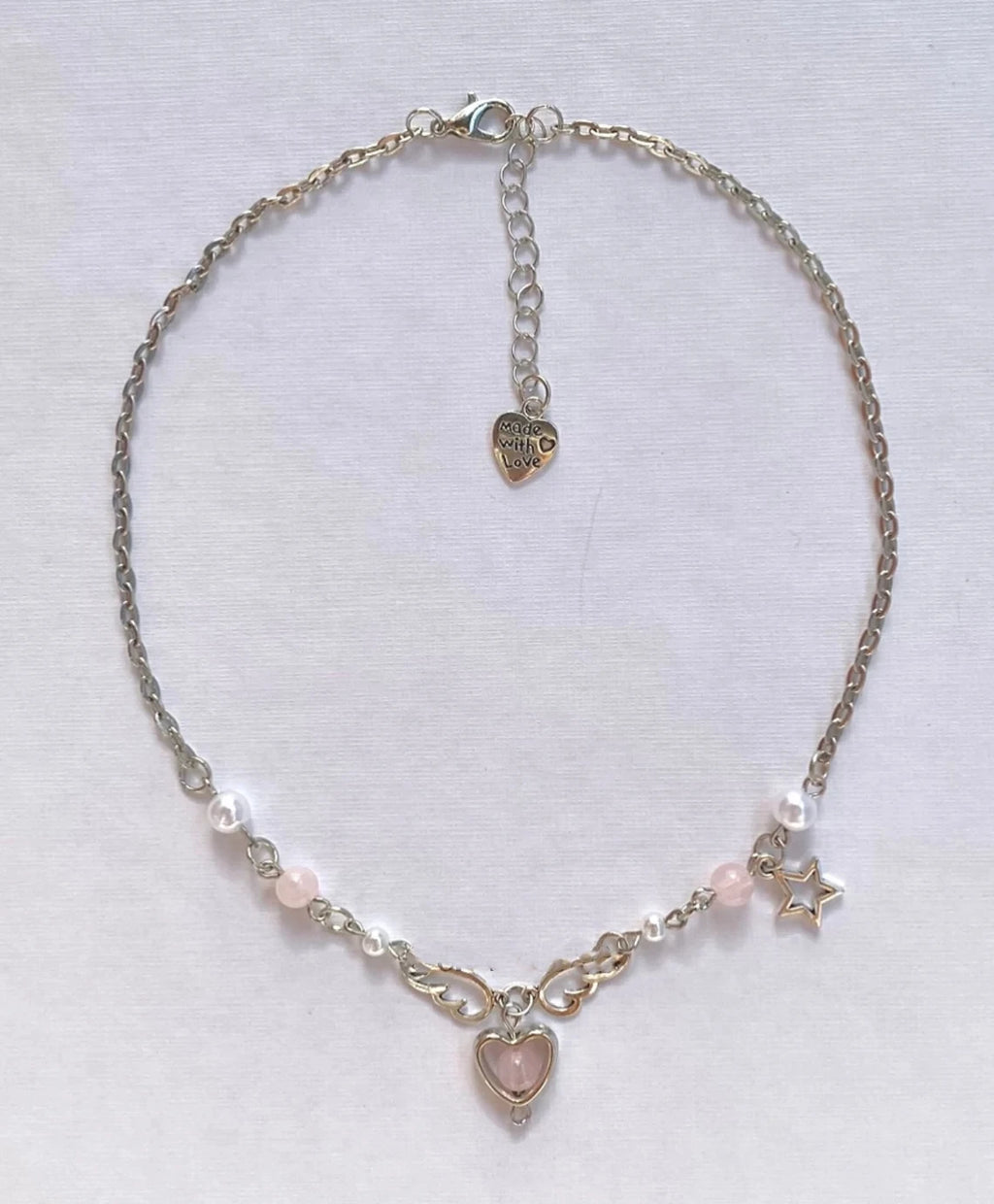 Angel Wings Pendant Necklace, Beaded Heart Star Charm