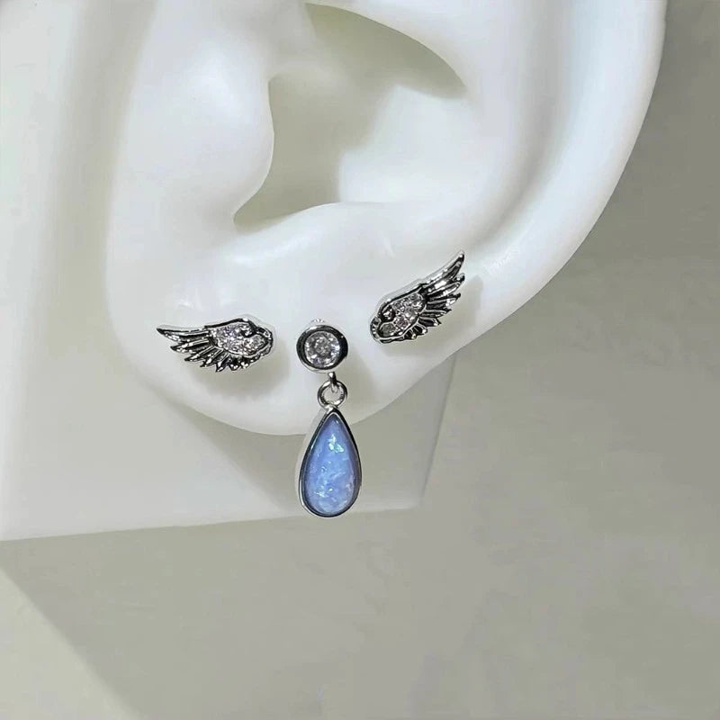 Angel Wing Earrings, Double Piercing Stud (Screw-Back)