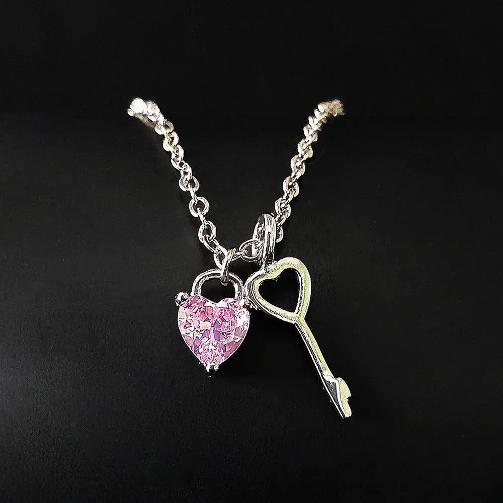 Pink Heart Necklace with Key Pendant