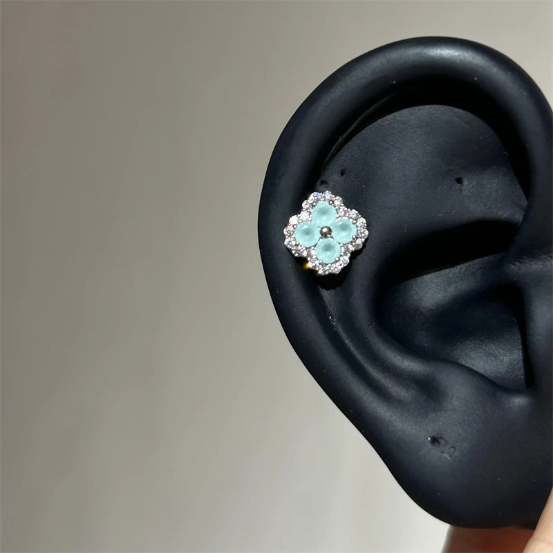 Green Clover Flower Stud Earrings in Stainless Steel