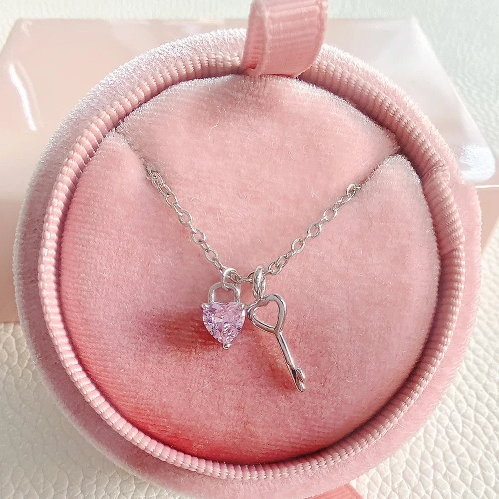Pink Heart Necklace with Key Pendant
