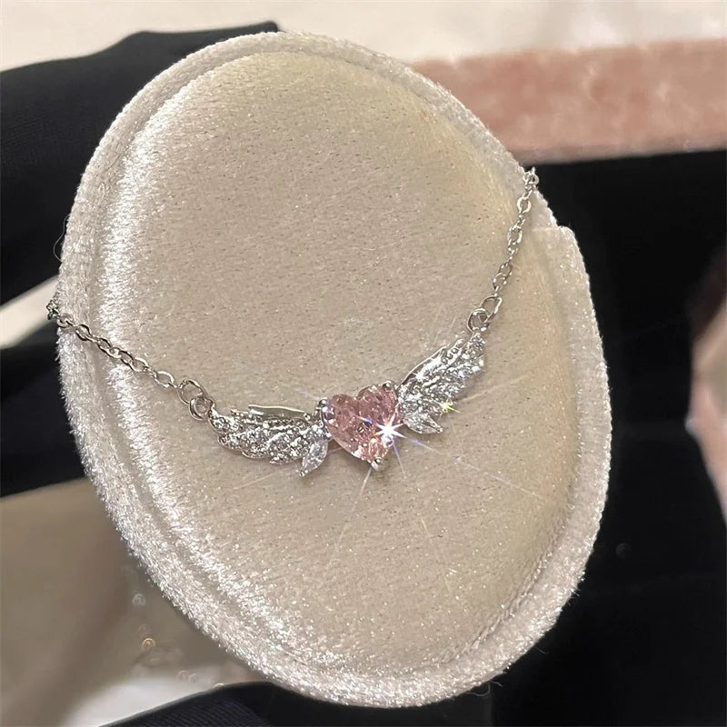 Pink Rhinestone Angel Wings Necklace Heart Pendant