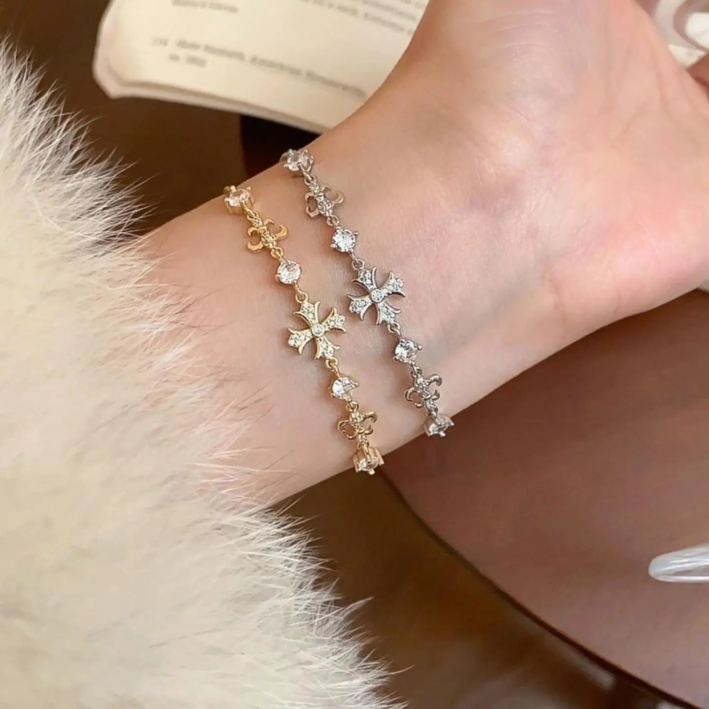 Pearl & Zircon Cross Charm Bracelet for Women