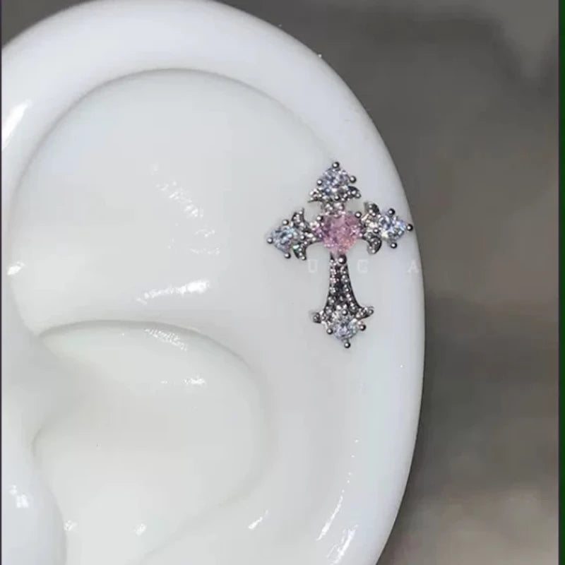Cute Pink Stud Earrings, Rhinestone Cross Screw Back