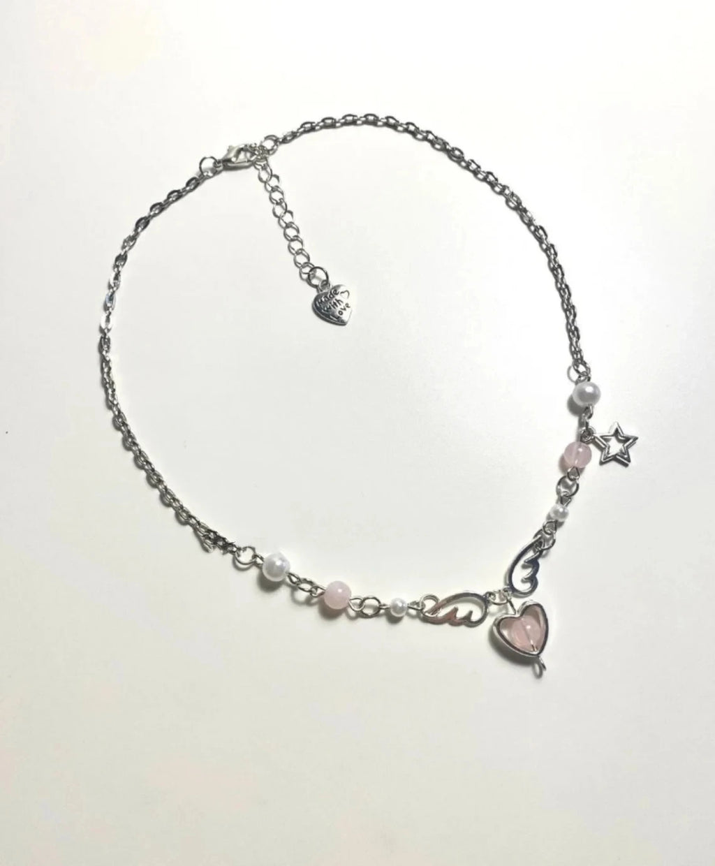 Angel Wings Pendant Necklace, Beaded Heart Star Charm