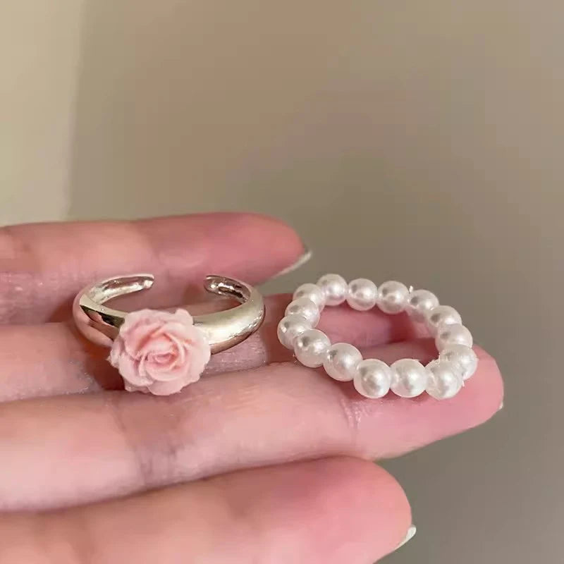 Pearl Rose Ring, 3D Pink Flower Statement Ring