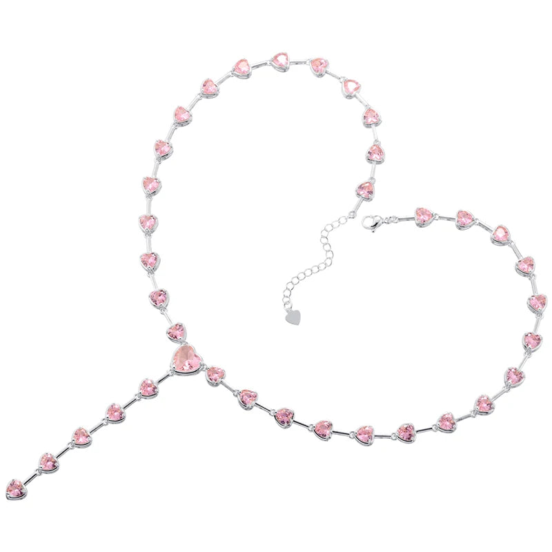 Pink Heart Necklace Set, CZ Stones, Gold Tone (Necklace + Bracelet)