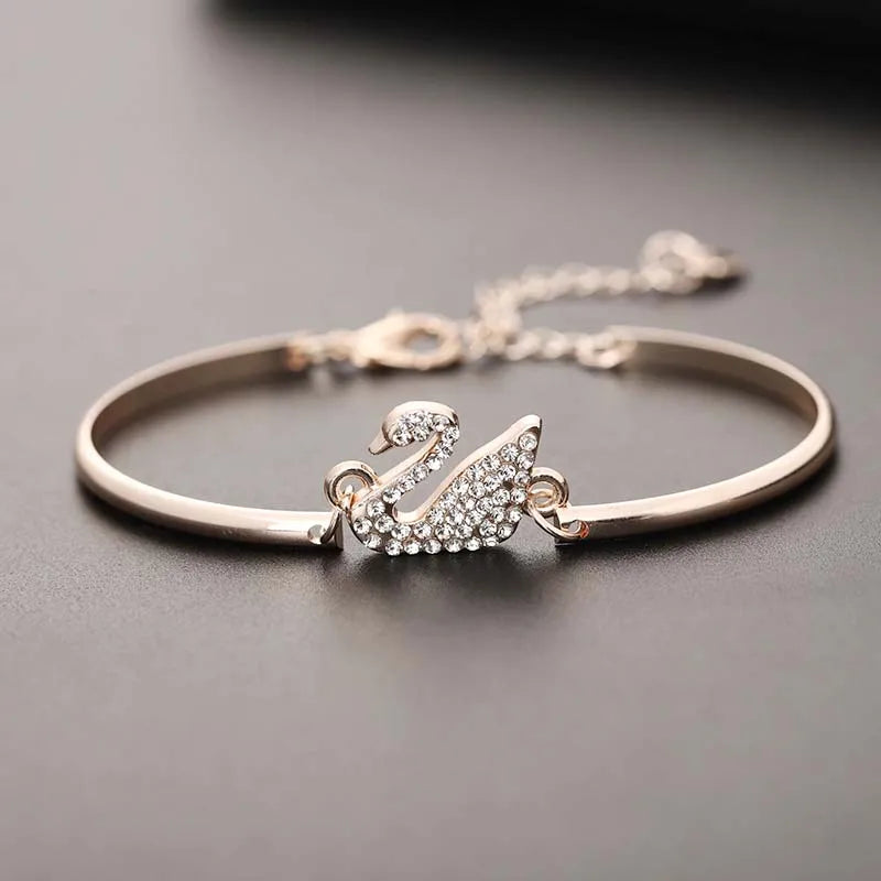 Gold Swan Charm Bangle with Zircon Accents