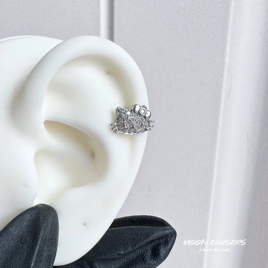 Rhinestone Cat Ear Stud Earrings with Screw Backs