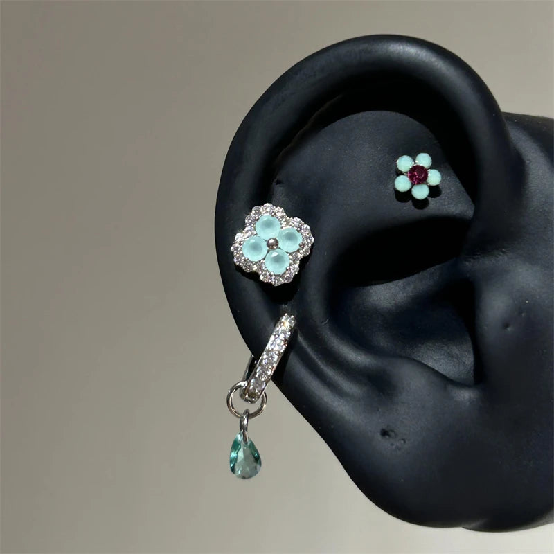 Green Clover Flower Stud Earrings in Stainless Steel