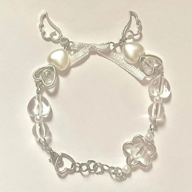 Coquette Bow Cuff Bracelet with White Heart Motif