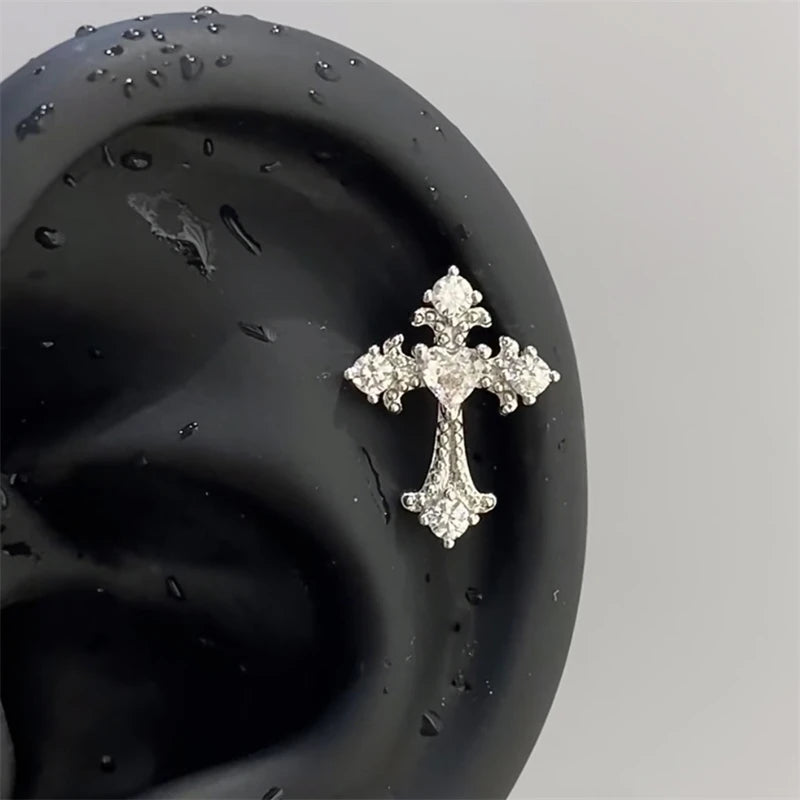 Y2K Cross CZ Cartilage Stud Earring (Silver Tone)