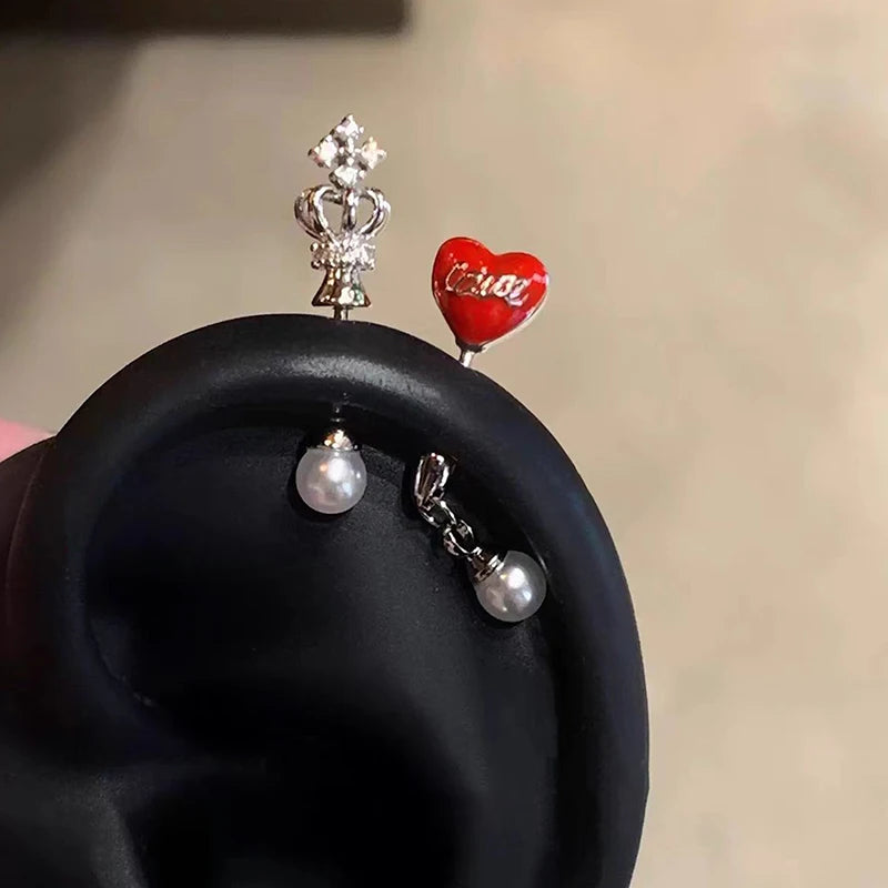 Dainty Red Heart Crown Stud Earring