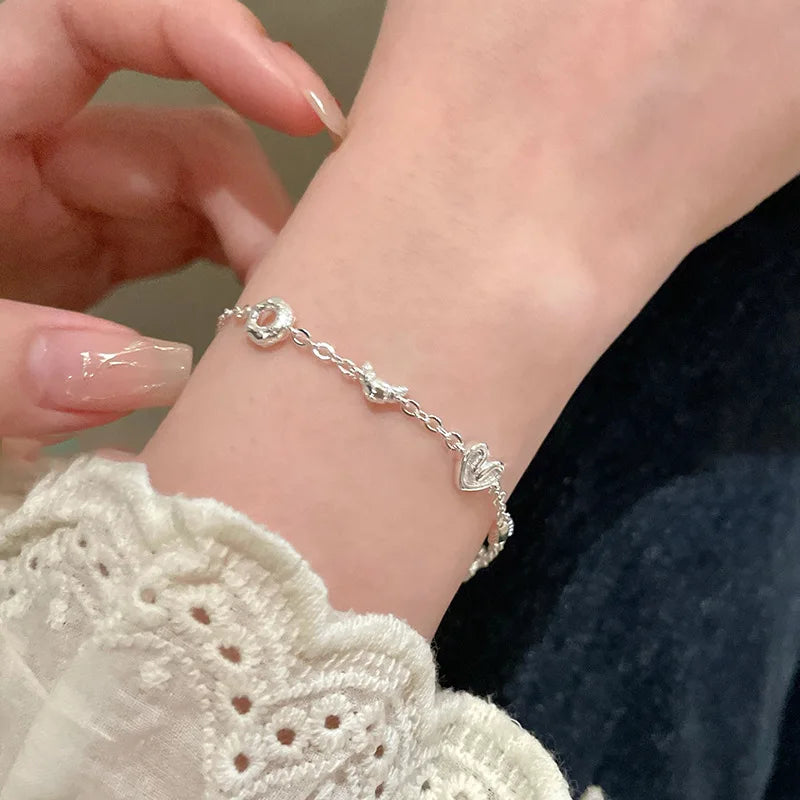 925 Sterling Silver Heart Bracelet with Zircon Beads