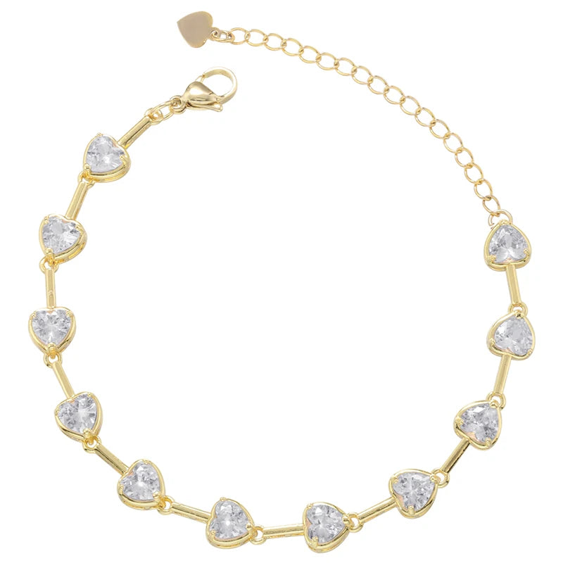 Pink Heart Necklace Set, CZ Stones, Gold Tone (Necklace + Bracelet)