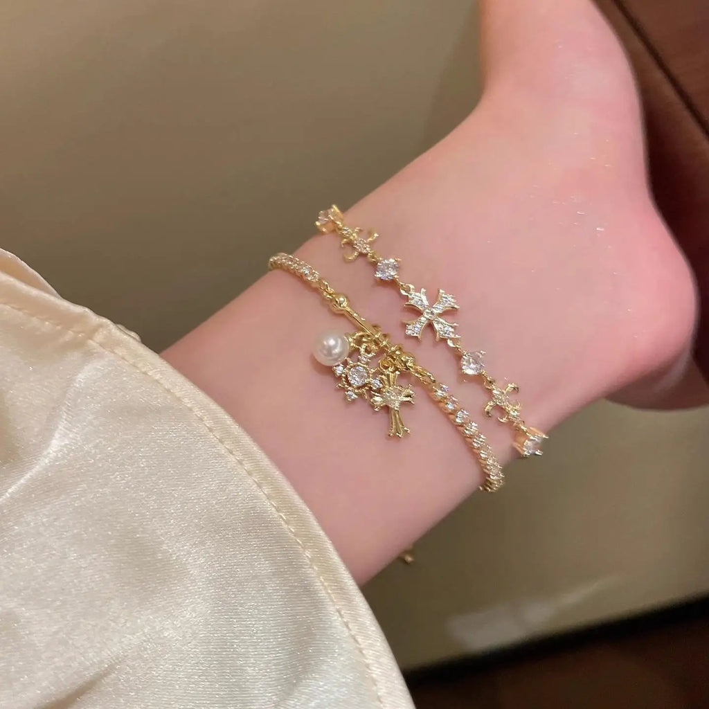 Pearl & Zircon Cross Charm Bracelet for Women