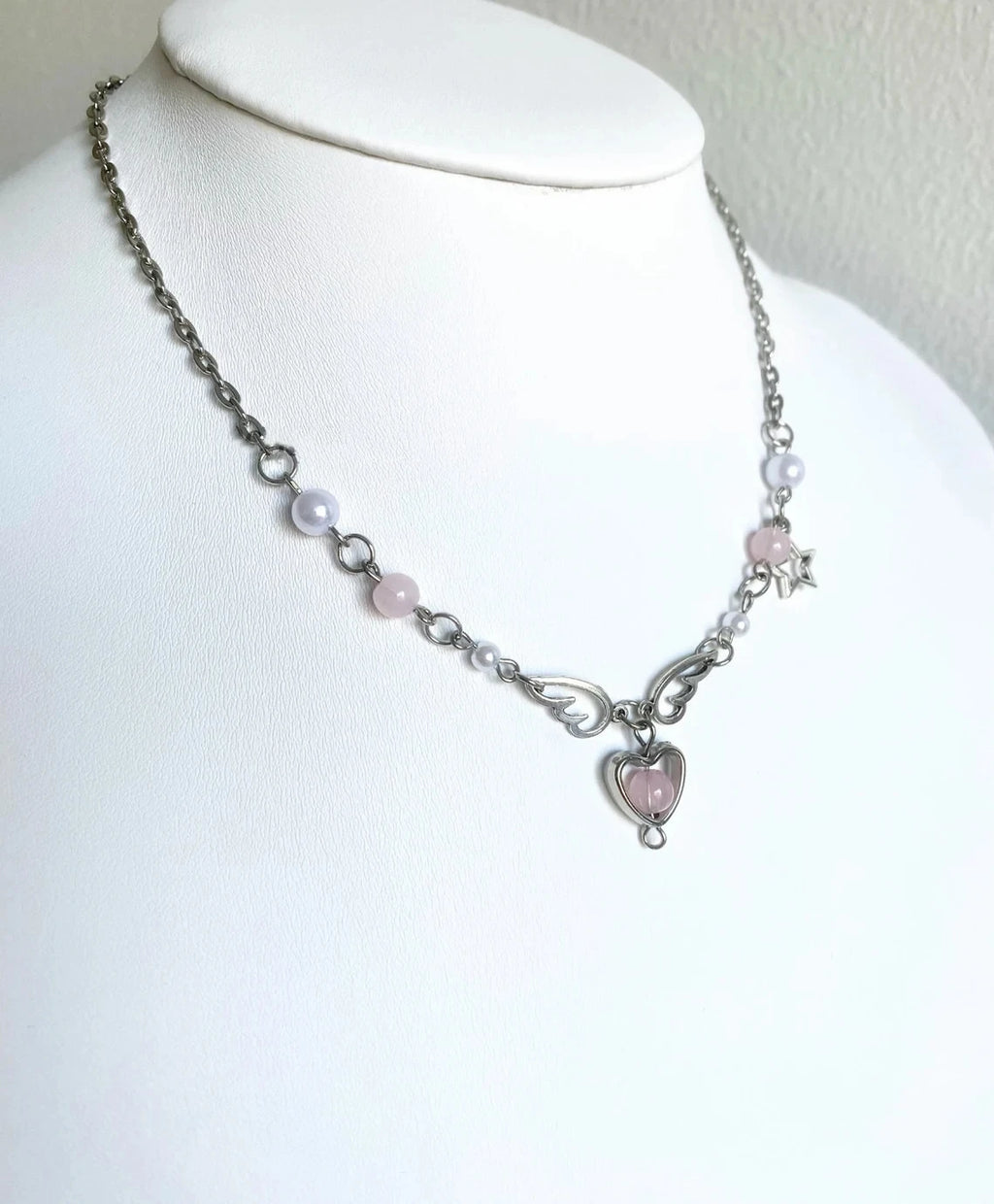 Angel Wings Pendant Necklace, Beaded Heart Star Charm