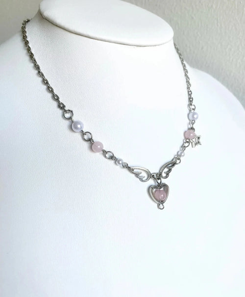 Angel Wings Pendant Necklace, Beaded Heart Star Charm
