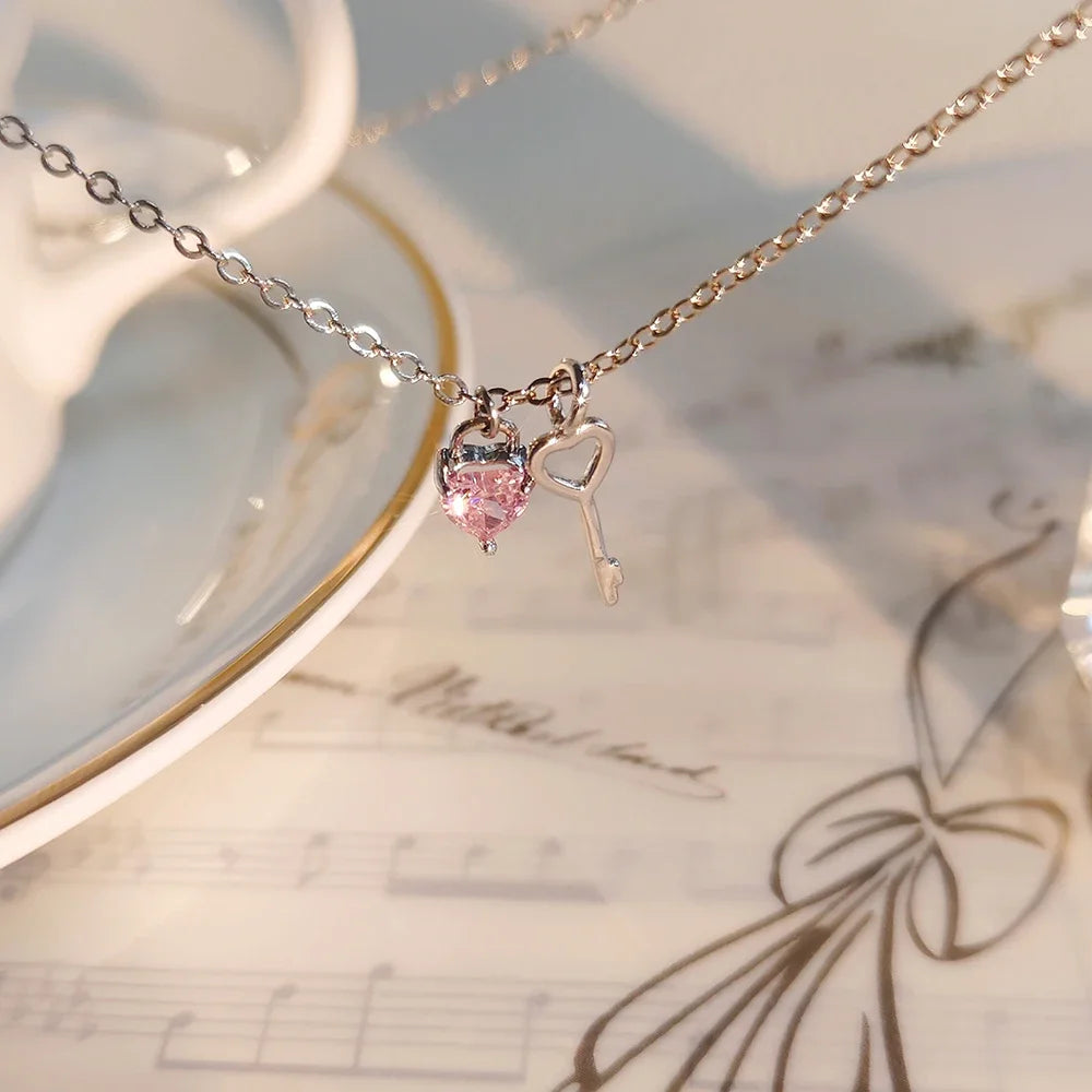 Pink Heart Necklace with Key Pendant