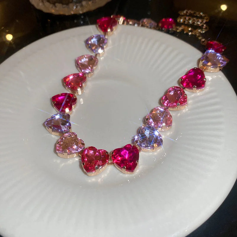 Pink Heart Crystal Dainty Choker Necklace