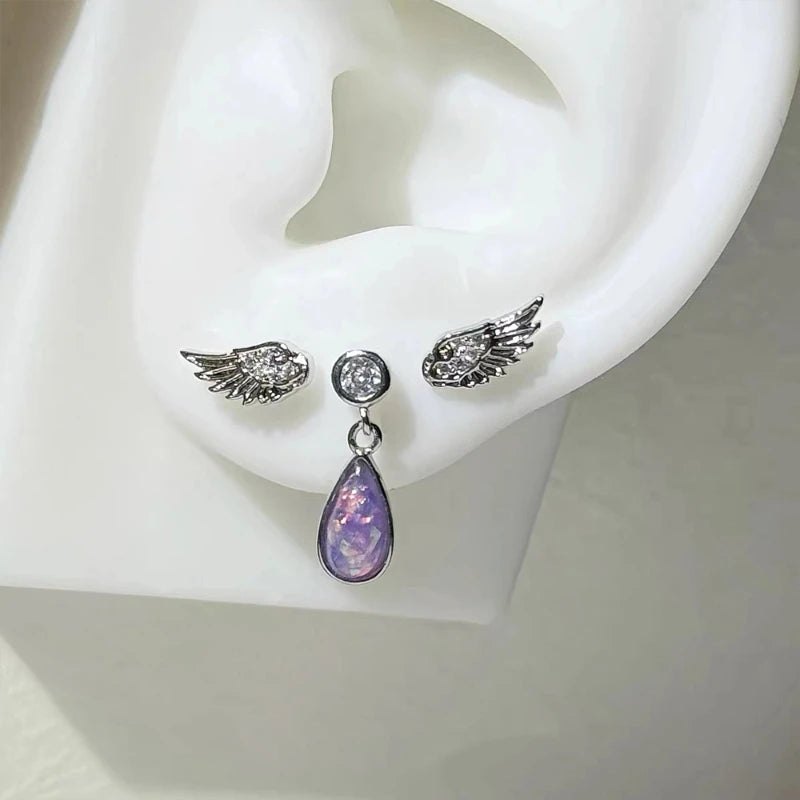 Angel Wing Earrings, Double Piercing Stud (Screw-Back)