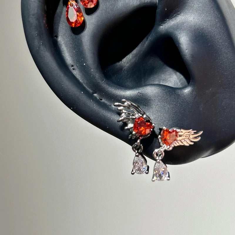 Red Heart Wing Stud Earrings (Screw-Back)