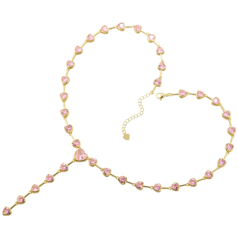 Pink Heart Necklace Set, CZ Stones, Gold Tone (Necklace + Bracelet)