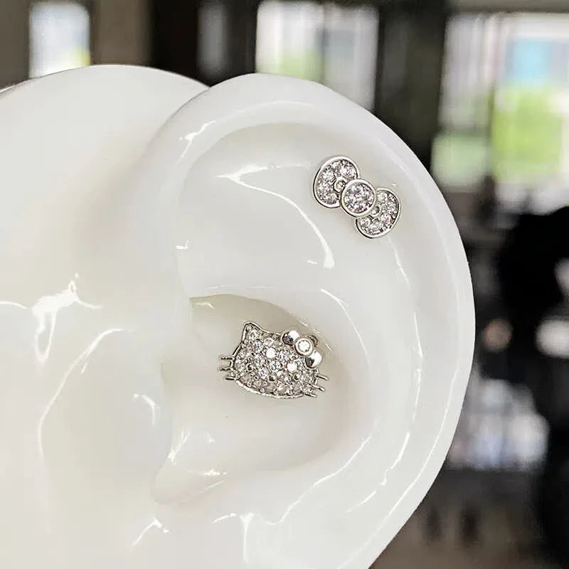 Rhinestone Cat Ear Stud Earrings with Screw Backs