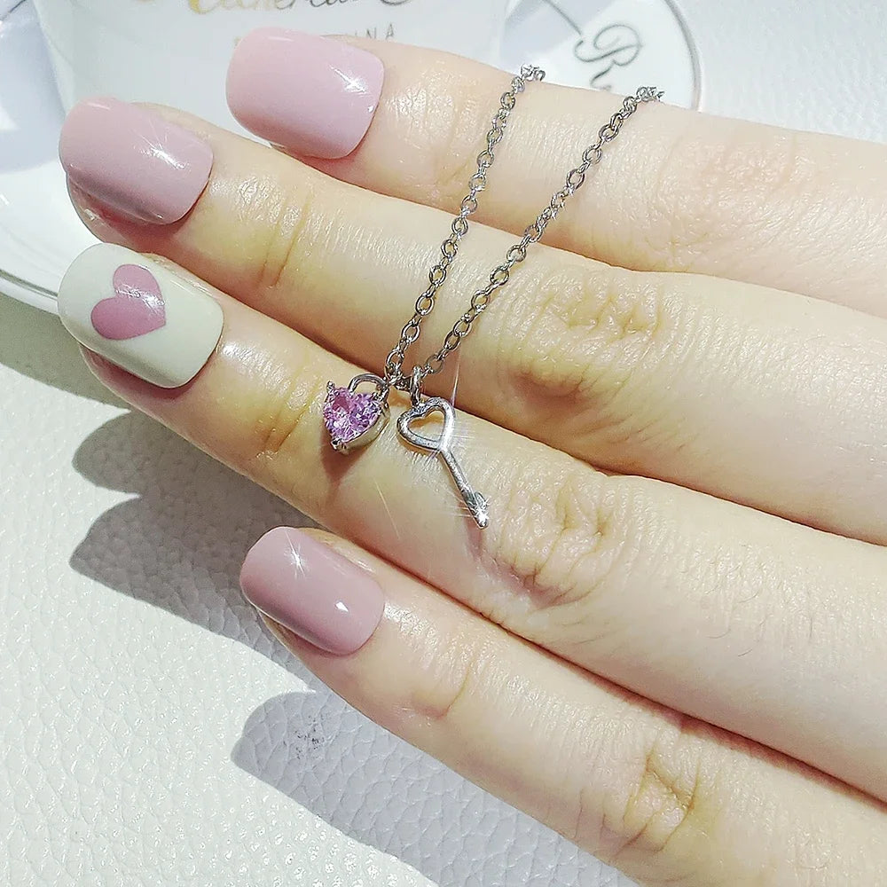 Pink Heart Necklace with Key Pendant