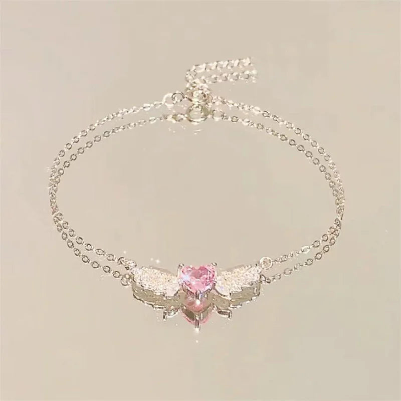 Pink Rhinestone Angel Wings Necklace Heart Pendant
