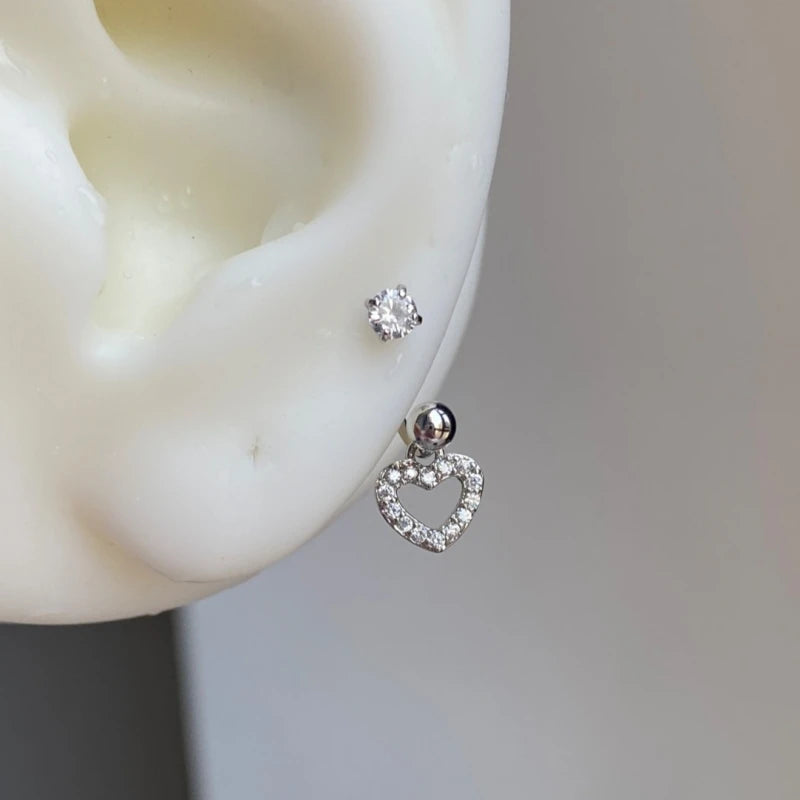 Heart Stud Earrings with Clear Zircon, Stainless Steel