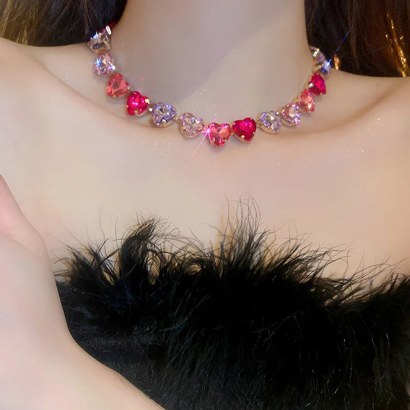 Pink Heart Crystal Dainty Choker Necklace