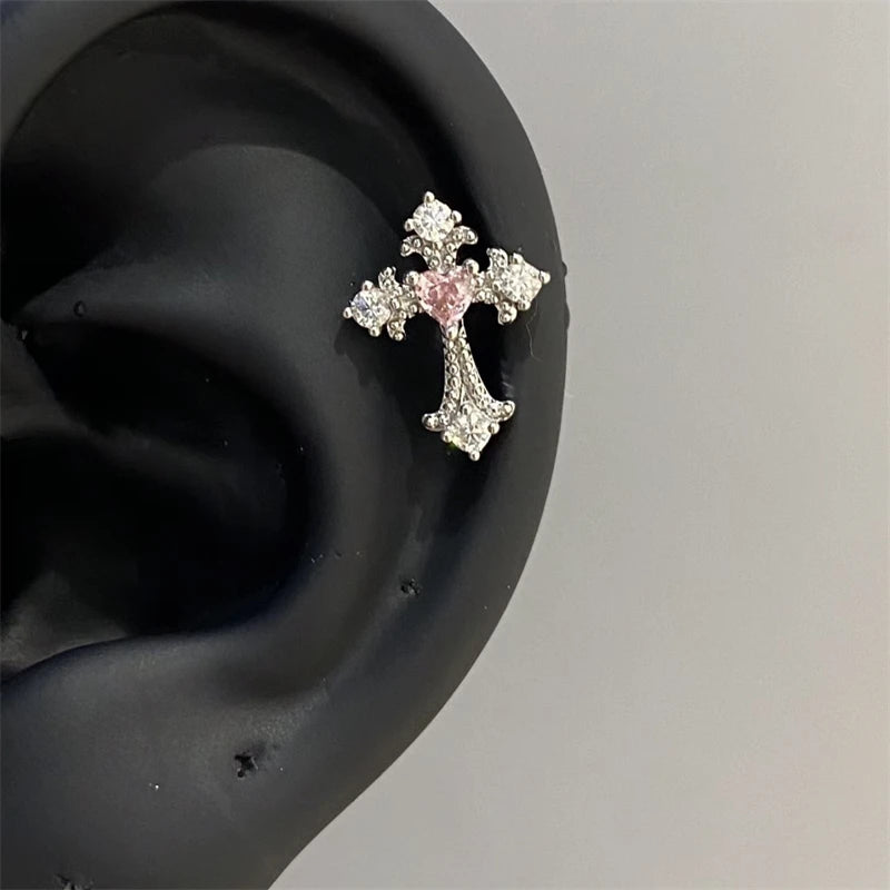 Y2K Cross CZ Cartilage Stud Earring (Silver Tone)