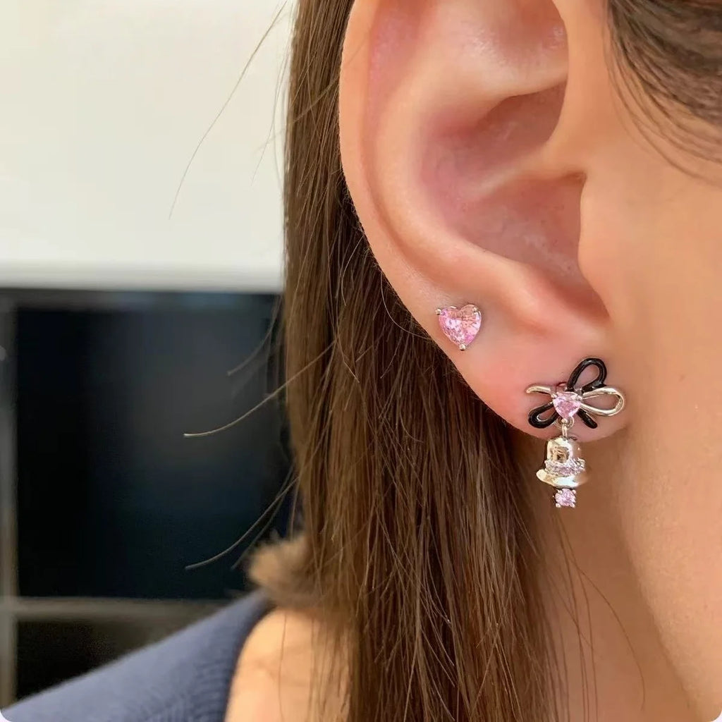 Pink Bow Stud Earrings with CZ Accents