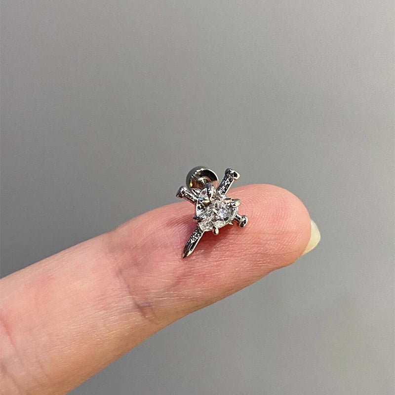 Y2K Cross CZ Cartilage Stud Earring (Silver Tone)