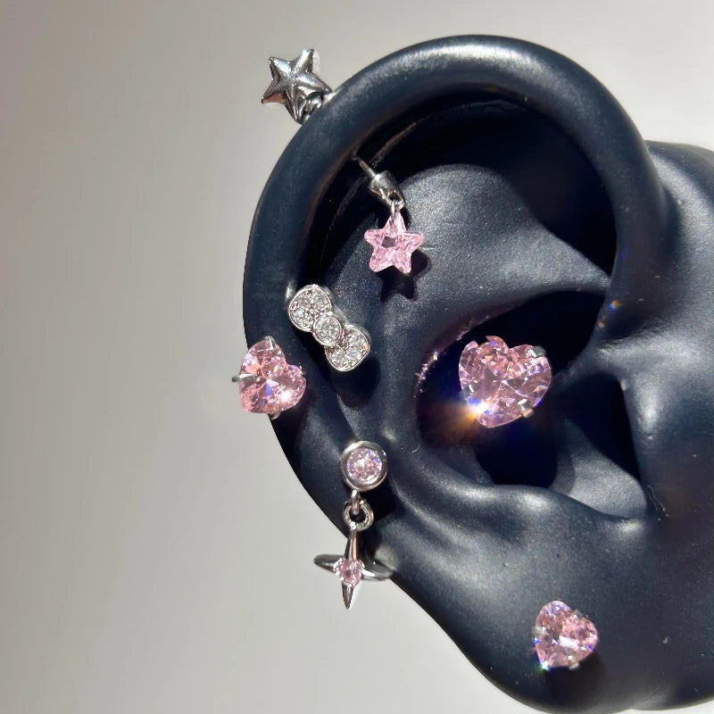 Cute Pink Stud Earrings, Rhinestone Cross Screw Back