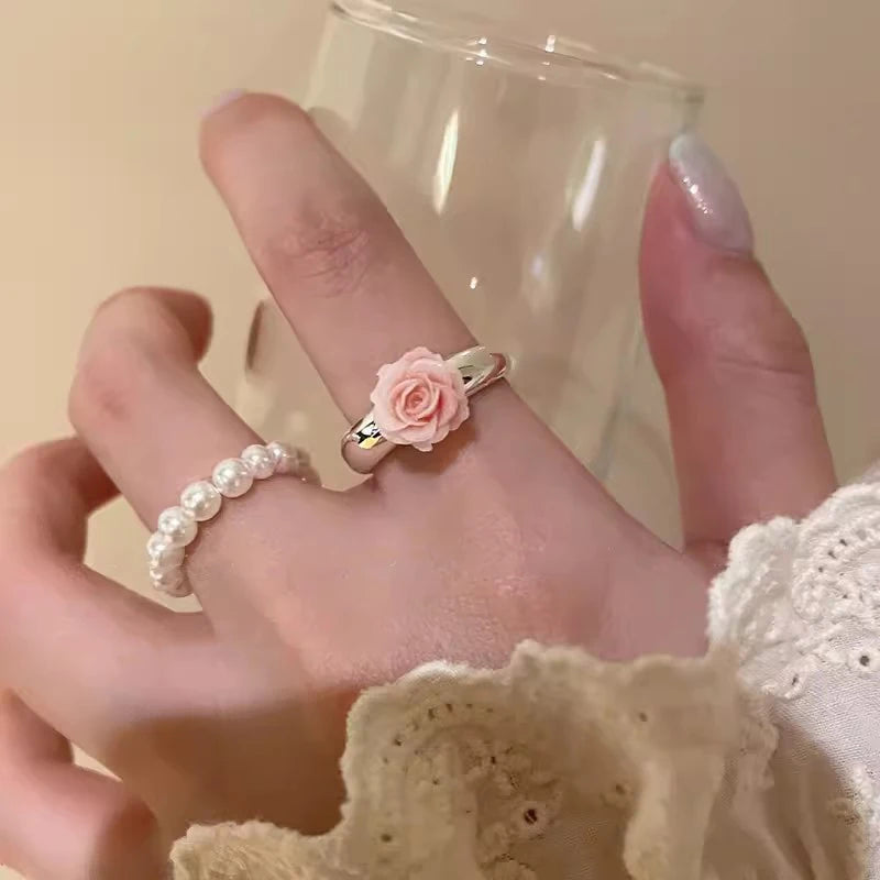 Pearl Rose Ring, 3D Pink Flower Statement Ring