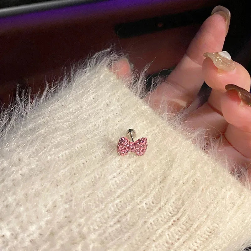 Pink Cat Cartilage Earring with Bow Stud