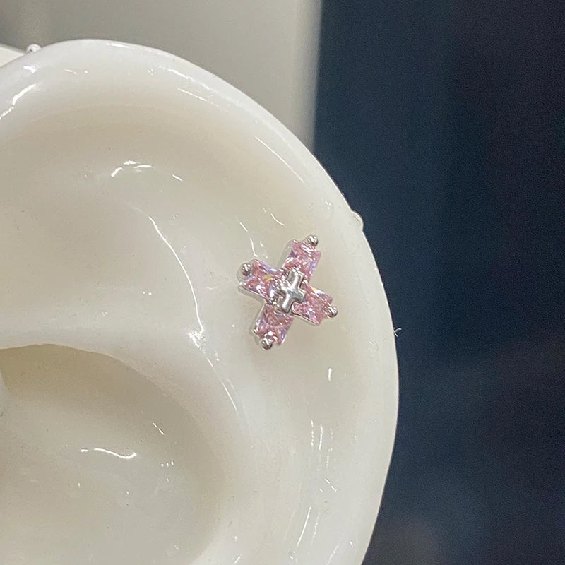 Cute Pink Stud Earrings, Rhinestone Cross Screw Back