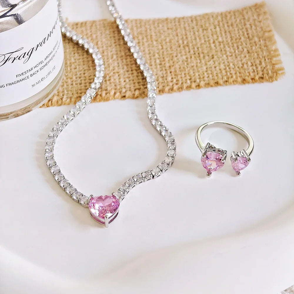 Pink Heart Necklace and Ring Set