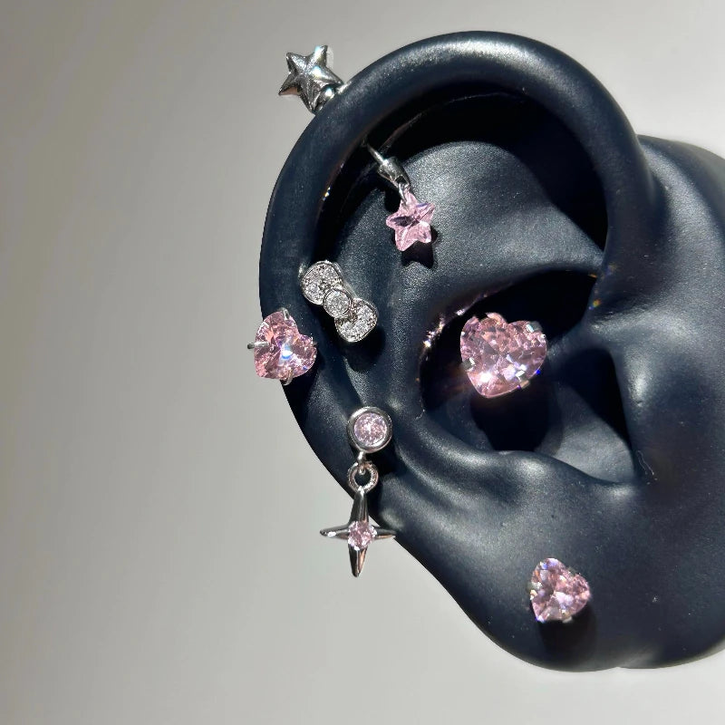 Cute Pink Stud Earrings, Rhinestone Cross Screw Back