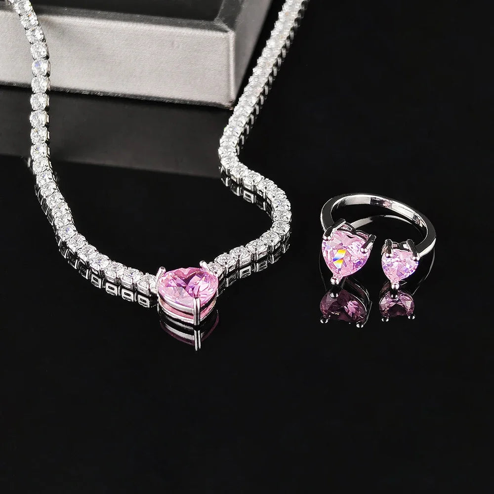 Pink Heart Necklace and Ring Set