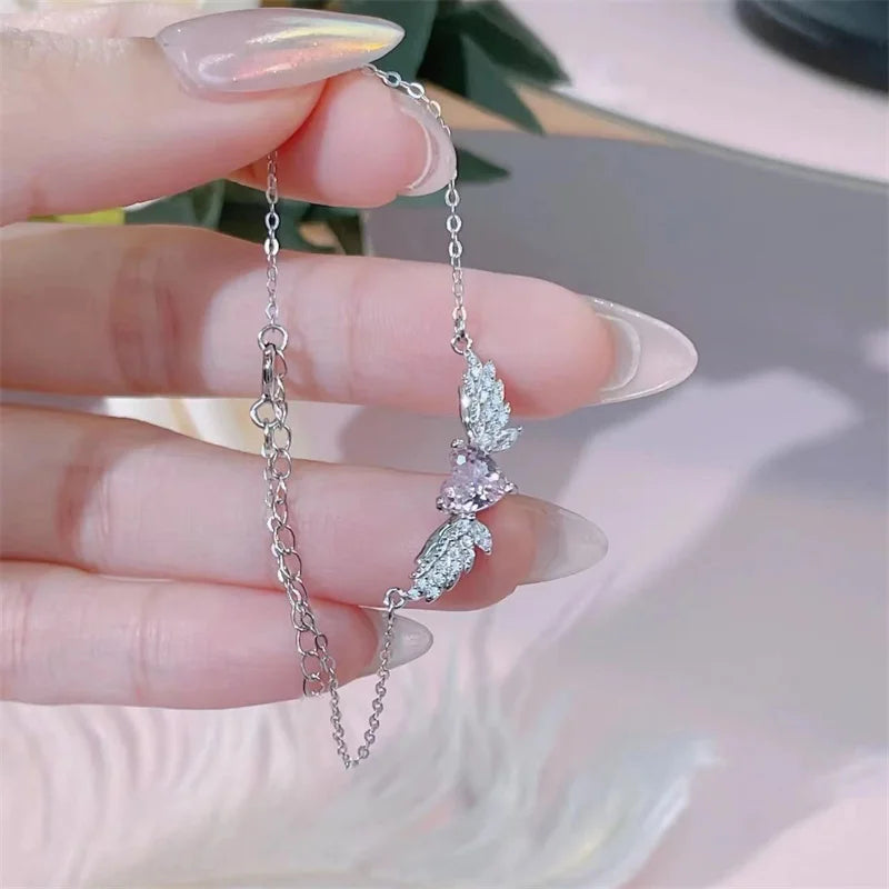 Pink Rhinestone Angel Wings Necklace Heart Pendant