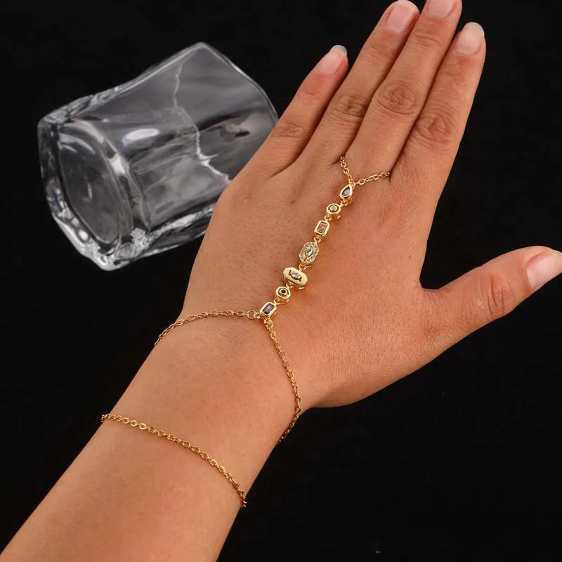 Colorful Crystal Hand Chain Bracelet in Gold Tone Stainless Steel