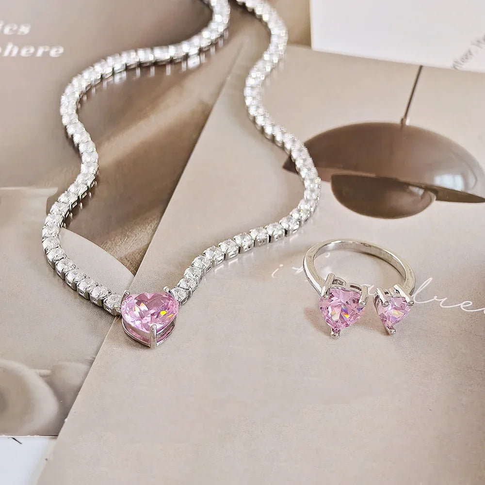 Pink Heart Necklace and Ring Set