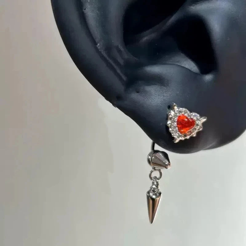 Red Heart Wing Stud Earrings (Screw-Back)