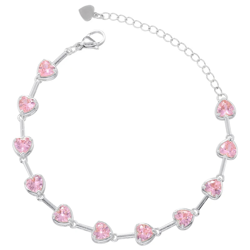 Pink Heart Necklace Set, CZ Stones, Gold Tone (Necklace + Bracelet)